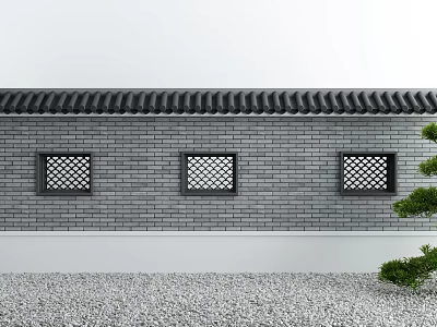 Building Exterior Wall Gray Brick With Three Lattice Windows Black Tile Decoration And Green Plants 3d model