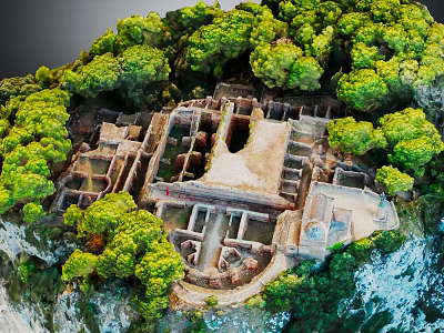 Ancient Ruins Site Surrounded by Lush Green Vegetation and Trees 3d model