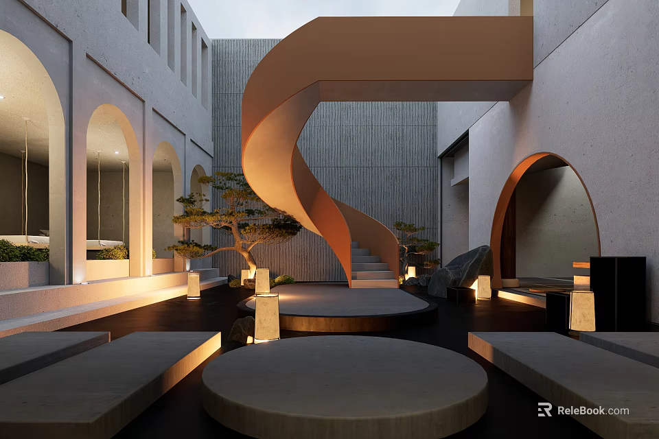 Modern Teahouse Interior With Spiral Staircase Arched Doorways Stone Tables And Lighting Ambiance 3d model 