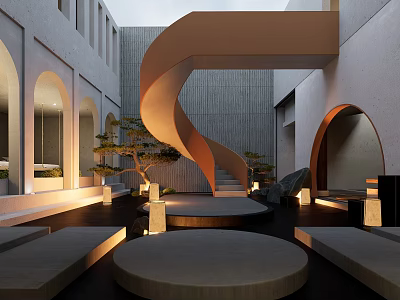 Modern Teahouse Interior With Spiral Staircase Arched Doorways Stone Tables And Lighting Ambiance 3d model