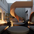 Modern Teahouse Interior With Spiral Staircase Arched Doorways Stone Tables And Lighting Ambiance