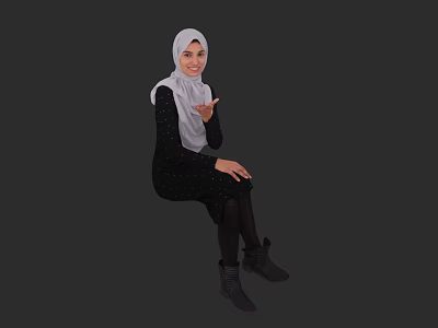 Woman in Black Dress With White Hijab Sitting and Gesturing Against Dark Background 3d model