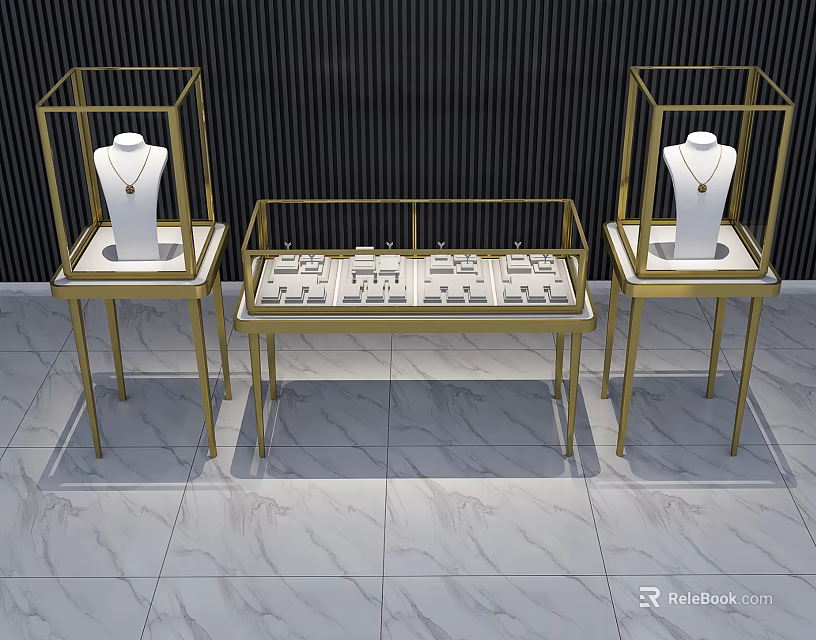Golden Display Shelves Showcasing Necklaces And Watches On Black Background With Marble Floor 3d model 