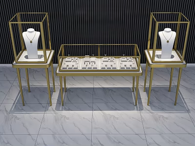 Golden Display Shelves Showcasing Necklaces And Watches On Black Background With Marble Floor 3d model