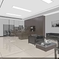 Modern Office Interior With Wooden Desk Black Sofa Green Plant Marble Table And Decorative Painting