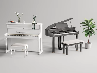 White Upright And Black Grand Pianos With Stool Plant Vase For Room Decor 3d model