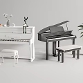White Upright And Black Grand Pianos With Stool Plant Vase For Room Decor