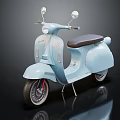Light Blue Scooter with Black Seat and Silver Mirrors on Black Reflective Surface