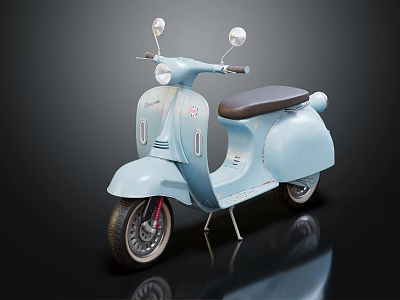Light Blue Scooter with Black Seat and Silver Mirrors on Black Reflective Surface 3d model