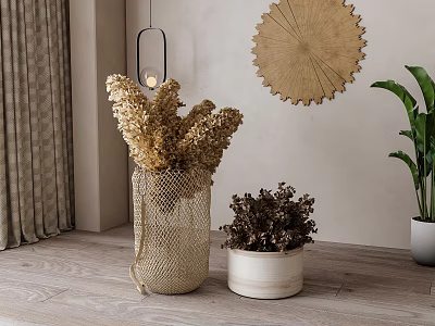 Sculpted Circular Wall Art With Woven Vase And Dried Flowers In Modern Interior Space 3d model