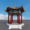 Ancient Chinese Pavilion Featuring Red Pillars Green Decorations Gray Tiles Against Blue Sky White Clouds