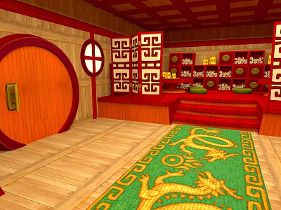 Cartoon Scene With Red Wooden Elements Round Door Carved Screen And Green Dragon Carpet 3d model