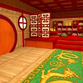 Cartoon Scene With Red Wooden Elements Round Door Carved Screen And Green Dragon Carpet