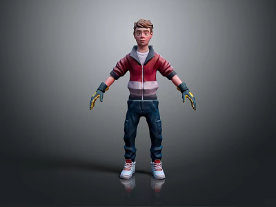 3D Boy Character Wearing Red White Hoodie Blue Jeans Yellow Gloves Standing On Gray Background 3d model