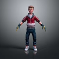 3D Boy Character Wearing Red White Hoodie Blue Jeans Yellow Gloves Standing On Gray Background