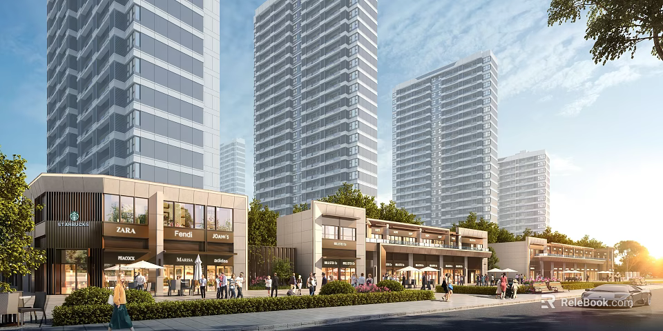 Vibrant Modern Commercial Street With High Rise Buildings And Pedestrian Area 3d model 