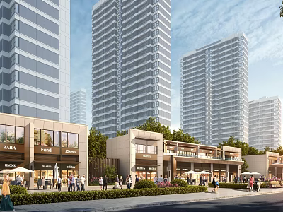Vibrant Modern Commercial Street With High Rise Buildings And Pedestrian Area 3d model
