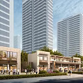 Vibrant Modern Commercial Street With High Rise Buildings And Pedestrian Area