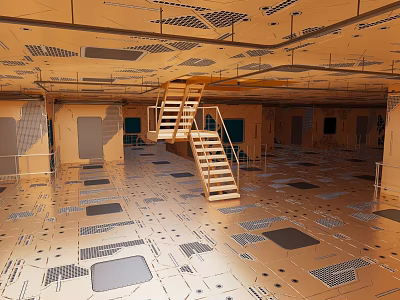 Cartoon Scene Interior With Geometric Patterns Wooden Staircase Warm Yellow Tones Rooms Door Window Frames 3d model