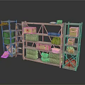 Metal Storage Shelving Unit With Green Brown Boxes Blankets Ladder And Woven Basket