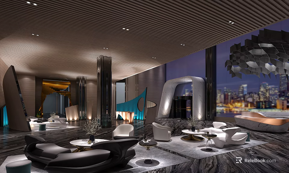 Modern Hotel Lobby Interior With Sofas Tables Lighting And City View Through Large Windows 3d model