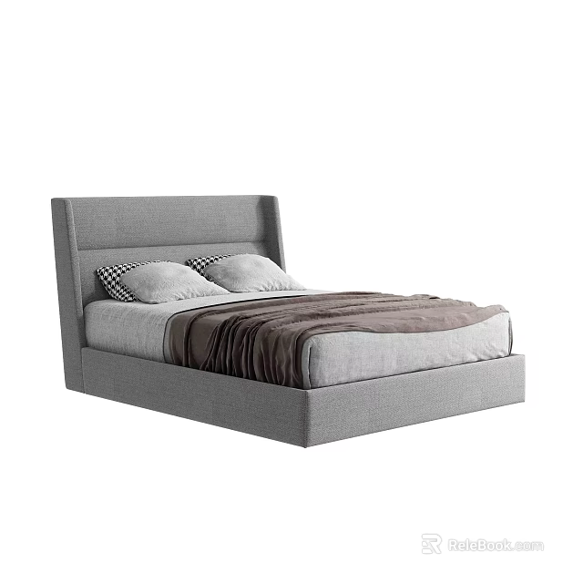 Double Bed with Grey Upholstered Headboard Plaid Solid Pillows and Dark Blanket Modern Design 3d model 