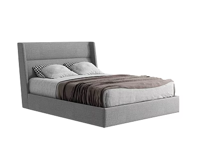 Double Bed with Grey Upholstered Headboard Plaid Solid Pillows and Dark Blanket Modern Design 3d model