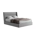 Double Bed with Grey Upholstered Headboard Plaid Solid Pillows and Dark Blanket Modern Design 3d model