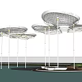 Modern Pergolas with Circular Roofs Yellow Lighting White Pillars by Water and Green Plants