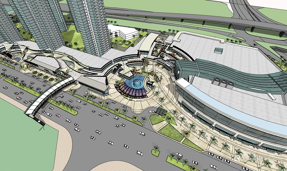 Modern Commercial Street With High Rise Buildings Circular Plaza Glass Dome And Greenery 3d model 