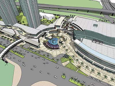 Modern Commercial Street With High Rise Buildings Circular Plaza Glass Dome And Greenery 3d model