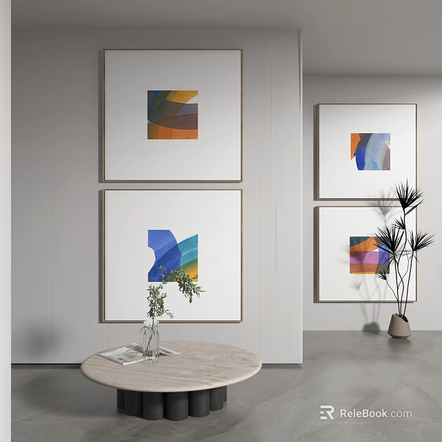 Abstract Colorful Paintings On Wall With Round Table And Potted Plants 3d model