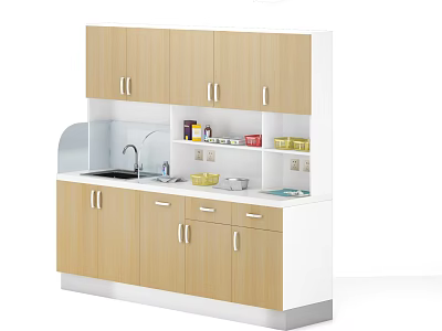 Modern Kitchen Interior With Wooden Cabinets White Countertop Sink Shelves And Supplies 3d model