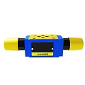 Blue Industrial Hydraulic Valve Component With Yellow Ends And Circular Ports