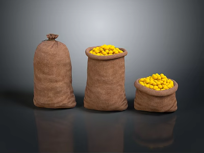 Three Burlap Sacks Two Open One Closed Filled With Yellow Food Grains On Dark Surface 3d model