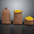 Three Burlap Sacks Two Open One Closed Filled With Yellow Food Grains On Dark Surface