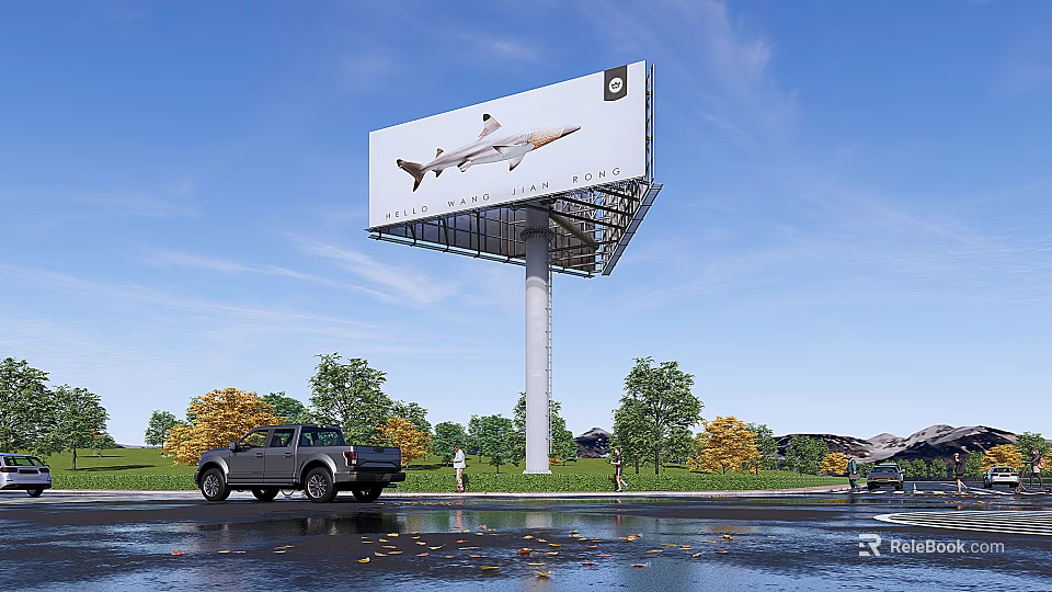 Outdoor Billboard Featuring Shark Image G Logo Blue Sky Trees Black Pickup Truck And Pedestrians 3d model 