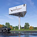Outdoor Billboard Featuring Shark Image G Logo Blue Sky Trees Black Pickup Truck And Pedestrians