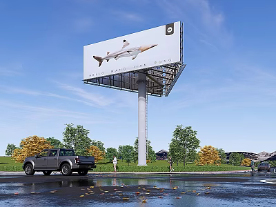 Outdoor Billboard Featuring Shark Image G Logo Blue Sky Trees Black Pickup Truck And Pedestrians 3d model