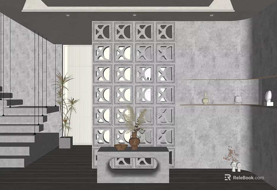 Modern Console Cabinet And Side Cabinet With Gray Wall Decorative Vase And Plant 3d model 