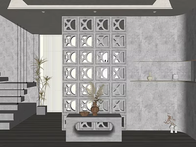 Modern Console Cabinet And Side Cabinet With Gray Wall Decorative Vase And Plant 3d model