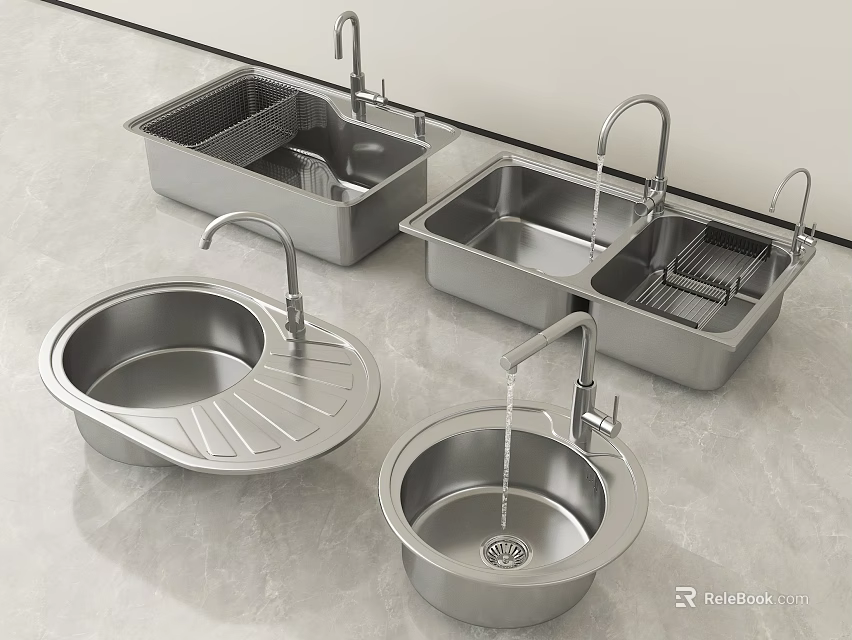 Stainless Steel Kitchen Sinks With Various Designs Single And Double Bowl Drainer Racks 3d model 