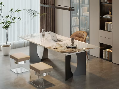 Stylish Study Room with Marble Top Desk Laptop Brown Chair Bookshelves and Green Plant 3d model