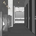Modern Public Toilet With Gray Walls Black Doors Urinals And Long Corridor