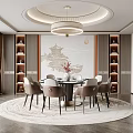 Modern Elegant Restaurant With Round Dining Table Chandelier Wine Cabinets And Floor To Ceiling Windows