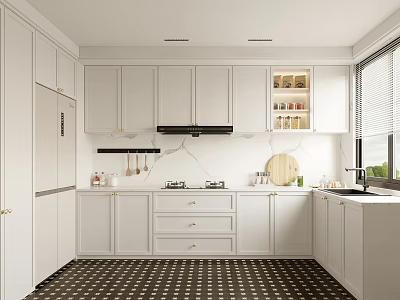 Modern Kitchen Interior With White Cabinets Marble Countertops Hanging Utensils And Window Blinds 3d model