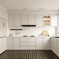 Modern Kitchen Interior With White Cabinets Marble Countertops Hanging Utensils And Window Blinds