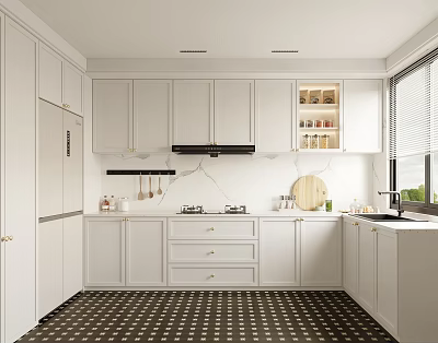 Modern Kitchen Interior With White Cabinets Marble Countertops Hanging Utensils And Window Blinds 3d model