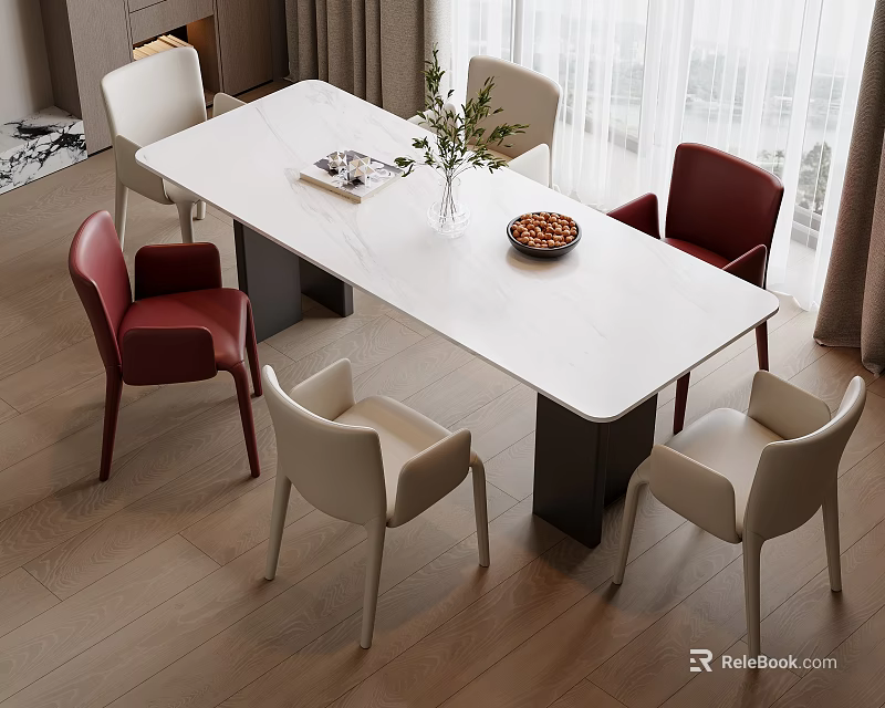 Modern Dining Table Set With White Top Beige Red Chairs Green Plant And Fruit Plate 3d model 