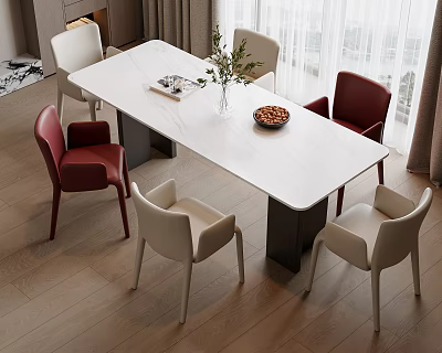 Modern Dining Table Set With White Top Beige Red Chairs Green Plant And Fruit Plate 3d model